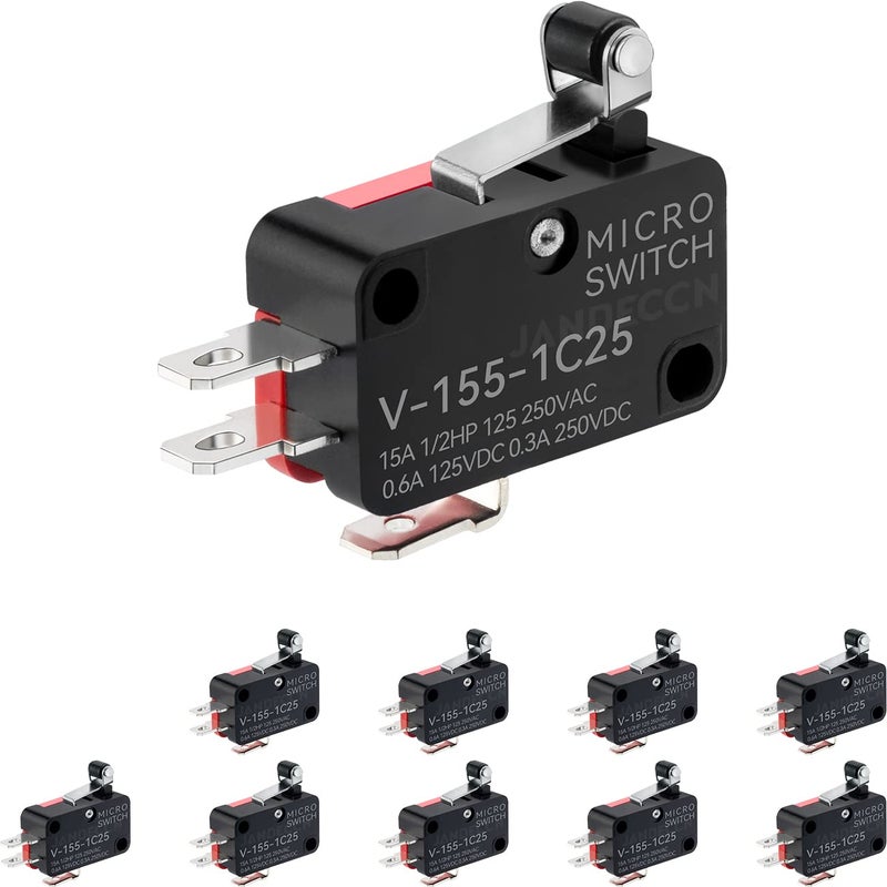 JANDECCN 10Pcs Lead Limit Switch Short Hinge Roller Lever Arm, SPDT 1NO 1NC Snap Action Micro Switch V-155-1C25 - Image 1